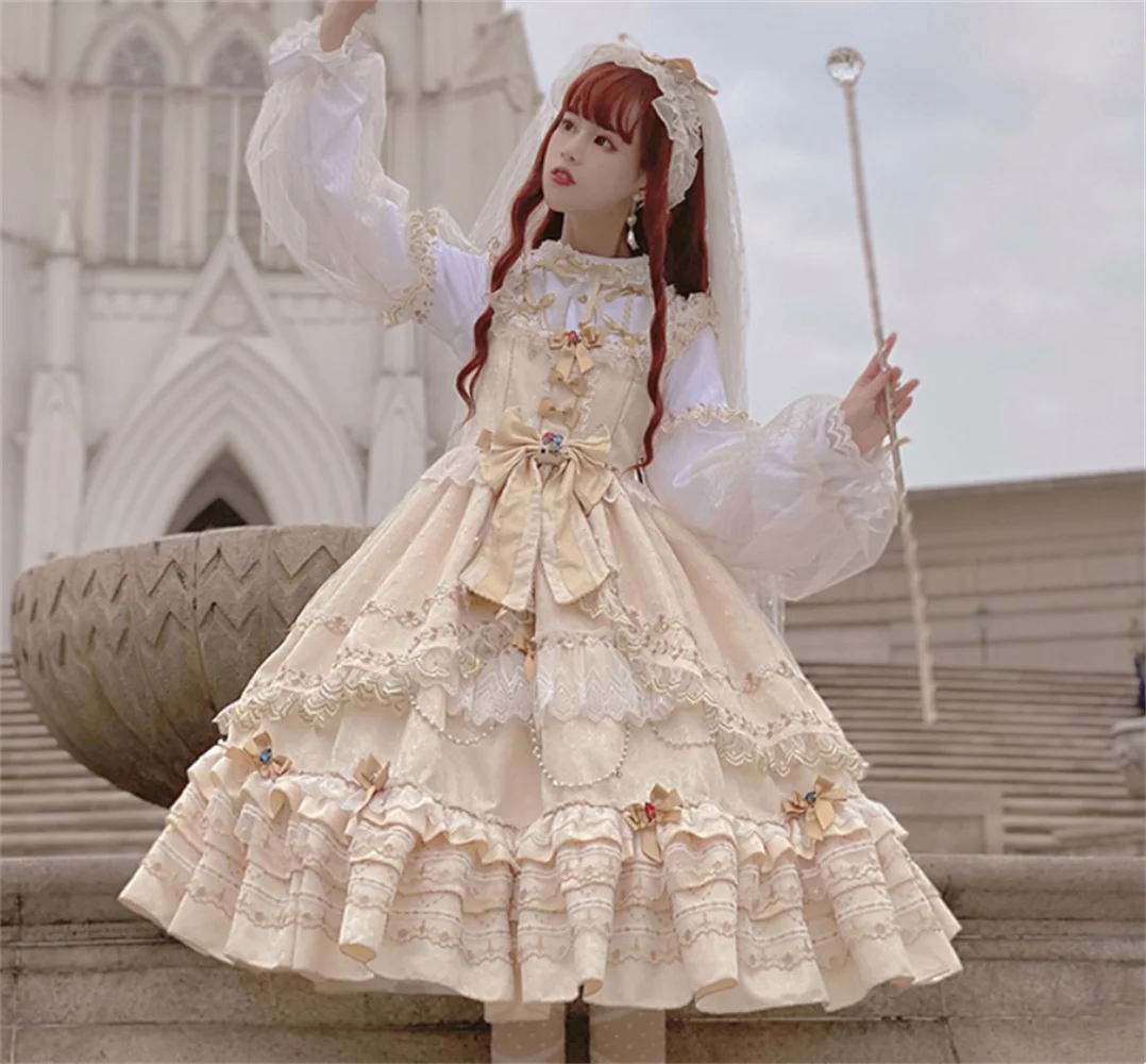 Princesa Tea Party Sweet Lolita Dress, Vestido de luxo vintage, Top vitoriano bonito, Menina Kawaii Gothic Loli Cosplay Trajes