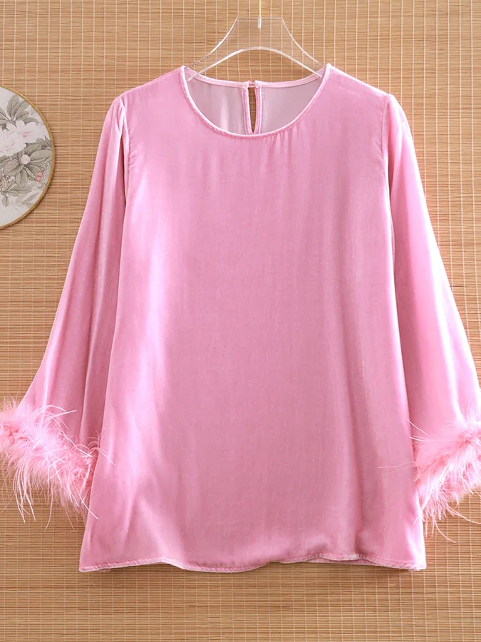 Elegante Suéter de Terciopelo con Cuello Redondo y Apliques de Plumas Reales para Mujer, Camiseta de Manga Larga Cómoda y Cálida