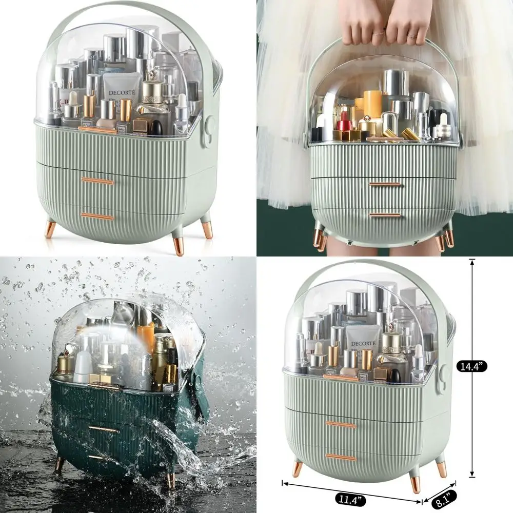 

Органайзер для макияжа и ухода за кожей с 2 ящиками Sage Green и прозрачной крышкой для хранения туалетного столика и ванной комнаты