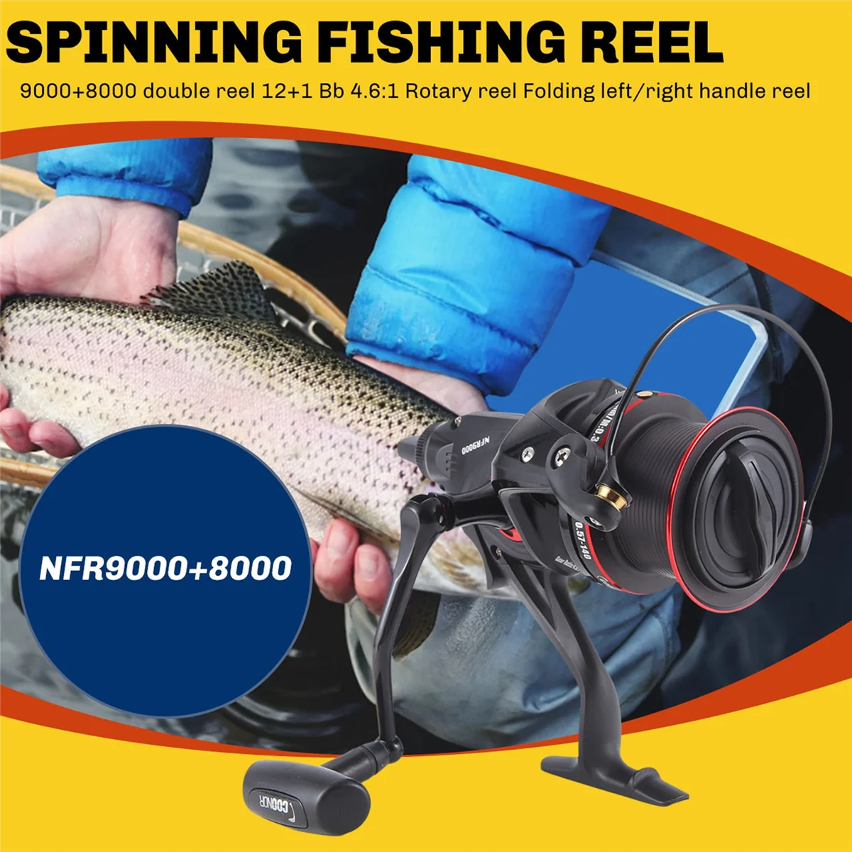 

LALA Coonor Nfr9000+8000 Double Spool Fishing Reel 12+1 4.6:1 Fishing Reel Folding Left/Right Handle Fishing Reel