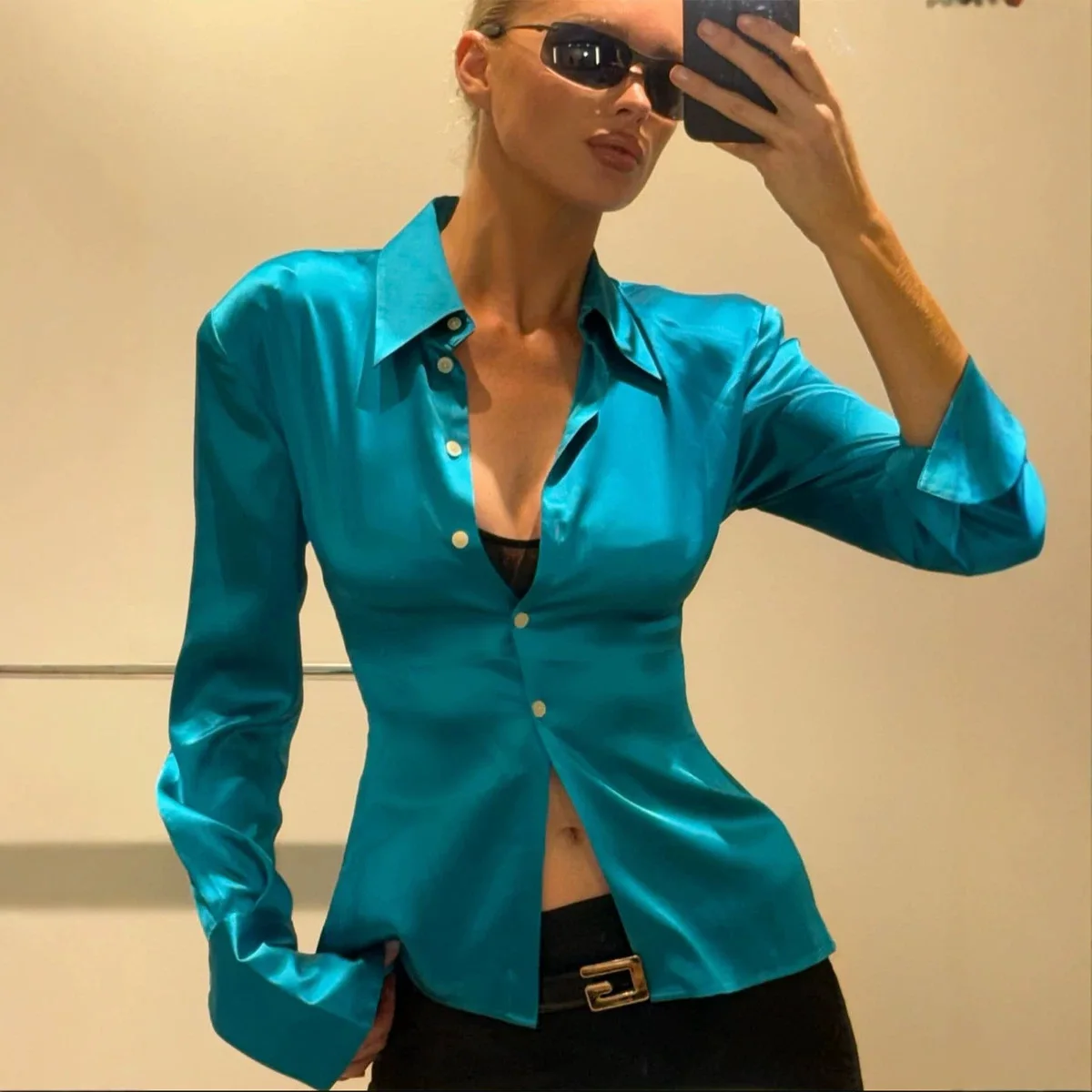 Satin Blouse Long Sleeve Button Down Collared Fitted Tunic Length Office Daily Work Silky Satin Finish Shirt Blouse