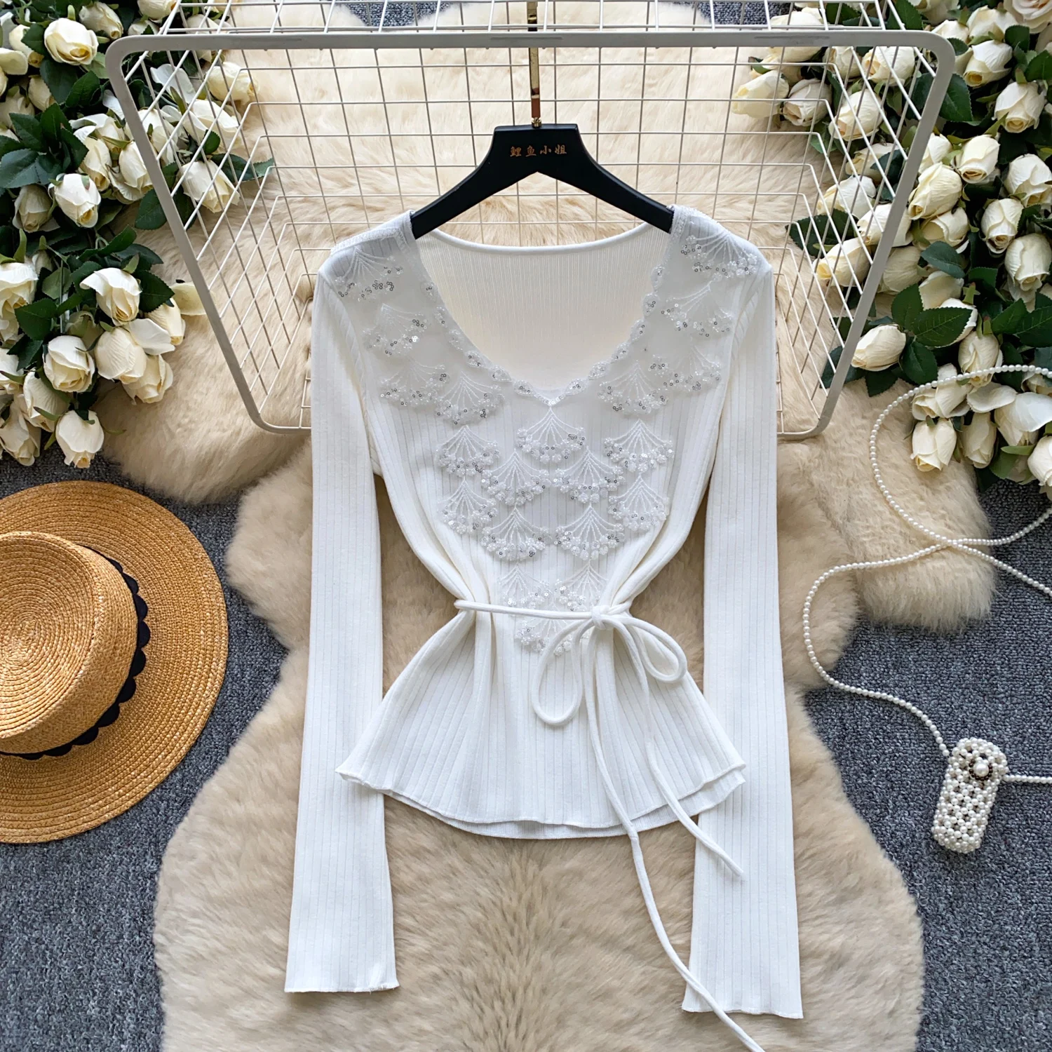 

Винтажный базовый шикарный вязаный топ с блестками и длинными рукавами, офисная женская французская уличная блузка High Street