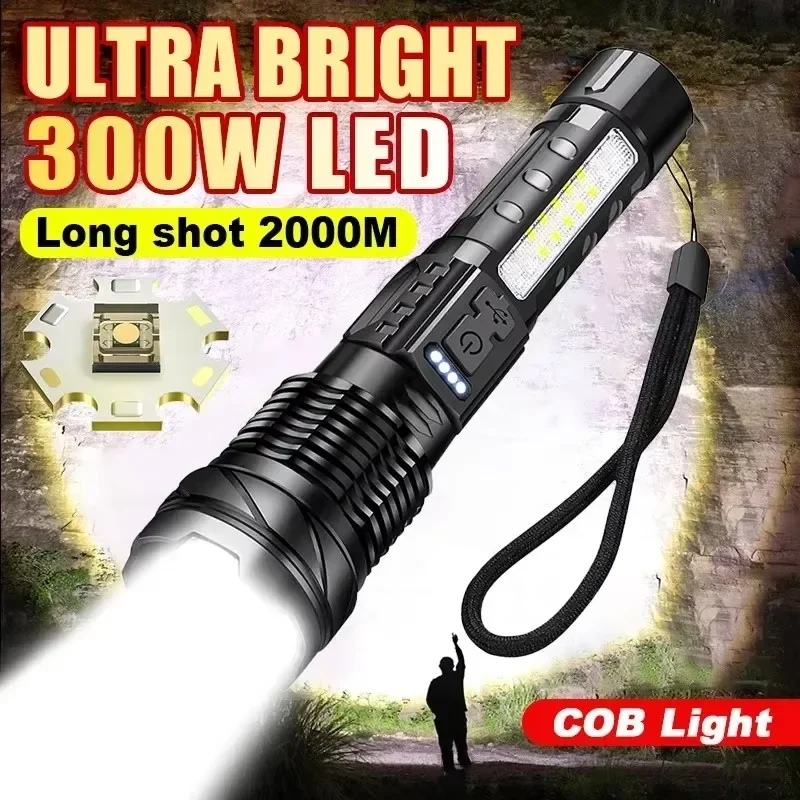 High Power LED Flashlight Built-in Battery 100000LM USB Rechargeable Strong Light Tactical Torch Outdoor Camping Hiking Lamp