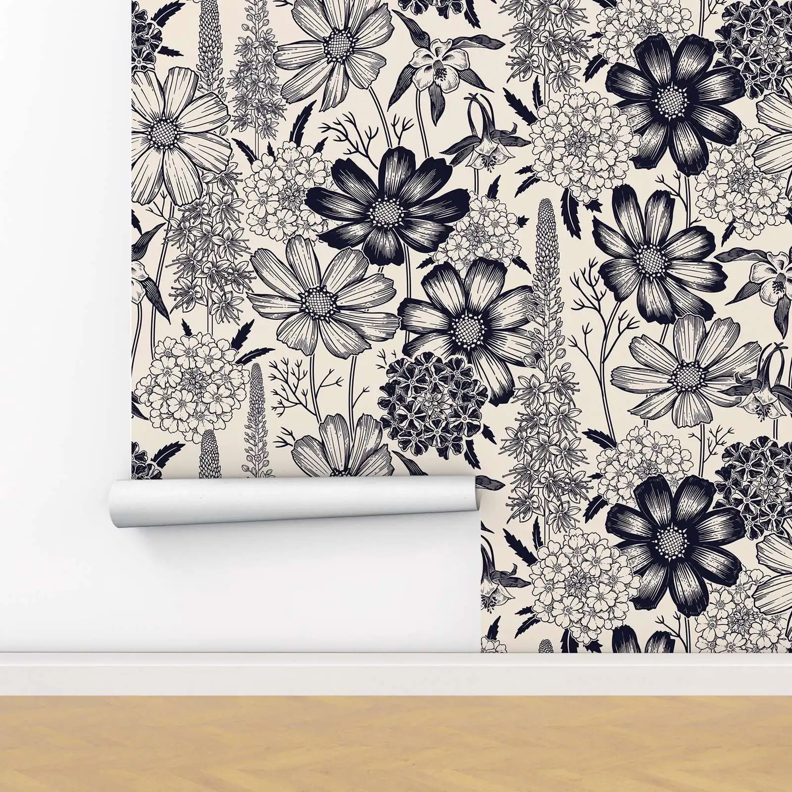 Spring Floral Wallpaper Peel and Stick,Black and White Flower Wall Mural, Cute Garden Flowers  and Plants Removable Wall Papers