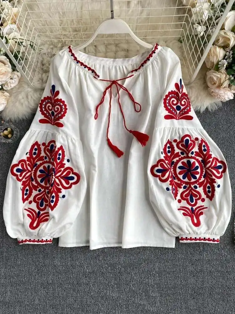 

Women Vintage Ethnic Style Bouse Spring Summer Embroidered Lace Up Tassel V-neck Lantern Sleeve Top Female Loose Blouses