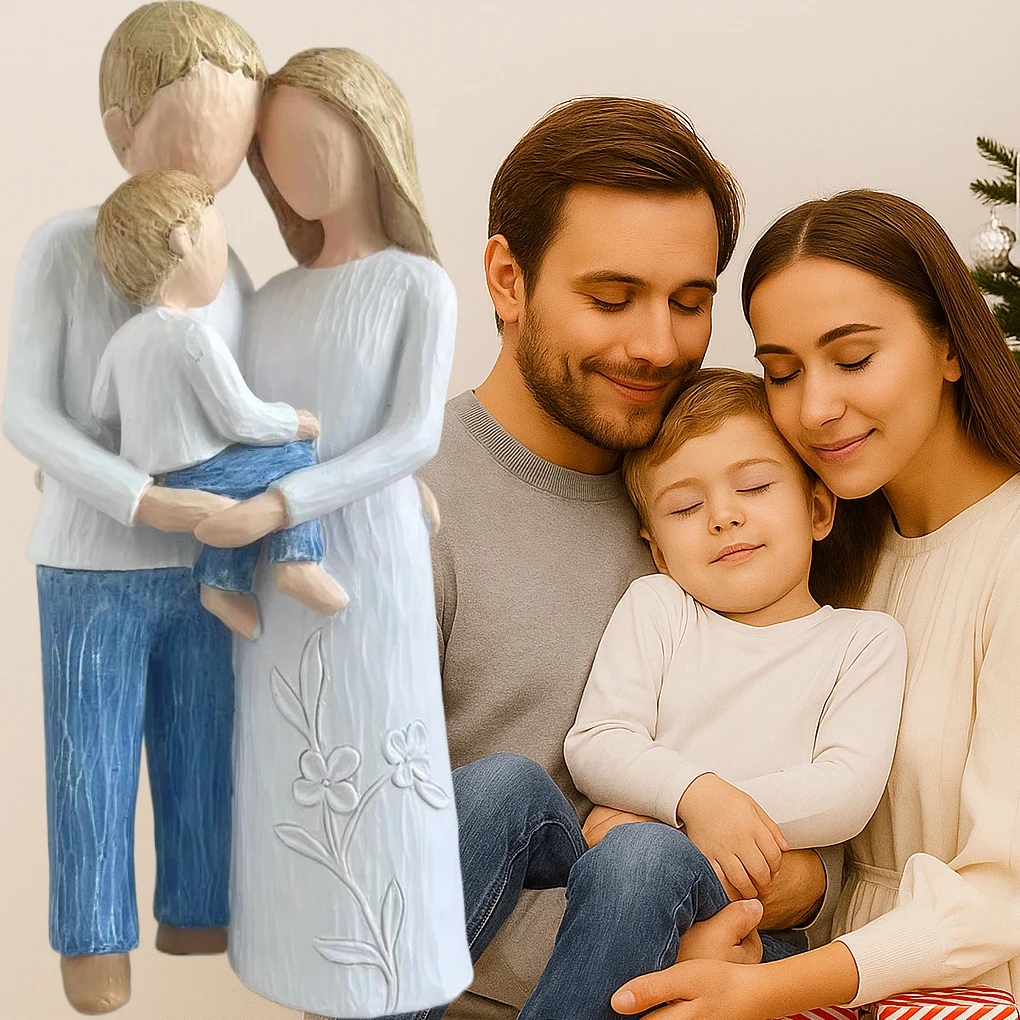 Handmade Resin Family of Three Statue - Touching Sculpture of Parents And Children Gift for Mom And Dad Ideal Home Decor Theme