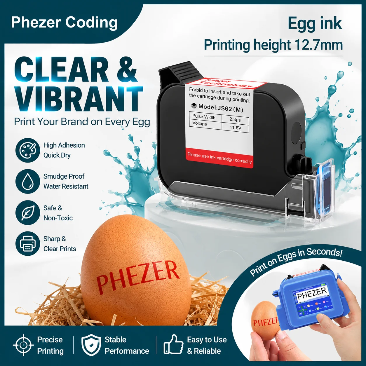 Phezer JS62 Pink Food Grade Ink Cartridge 12 7mm Fast Quick Dry High Adhesion Handheld Inkjet Printer Egg Food Packaging Marking