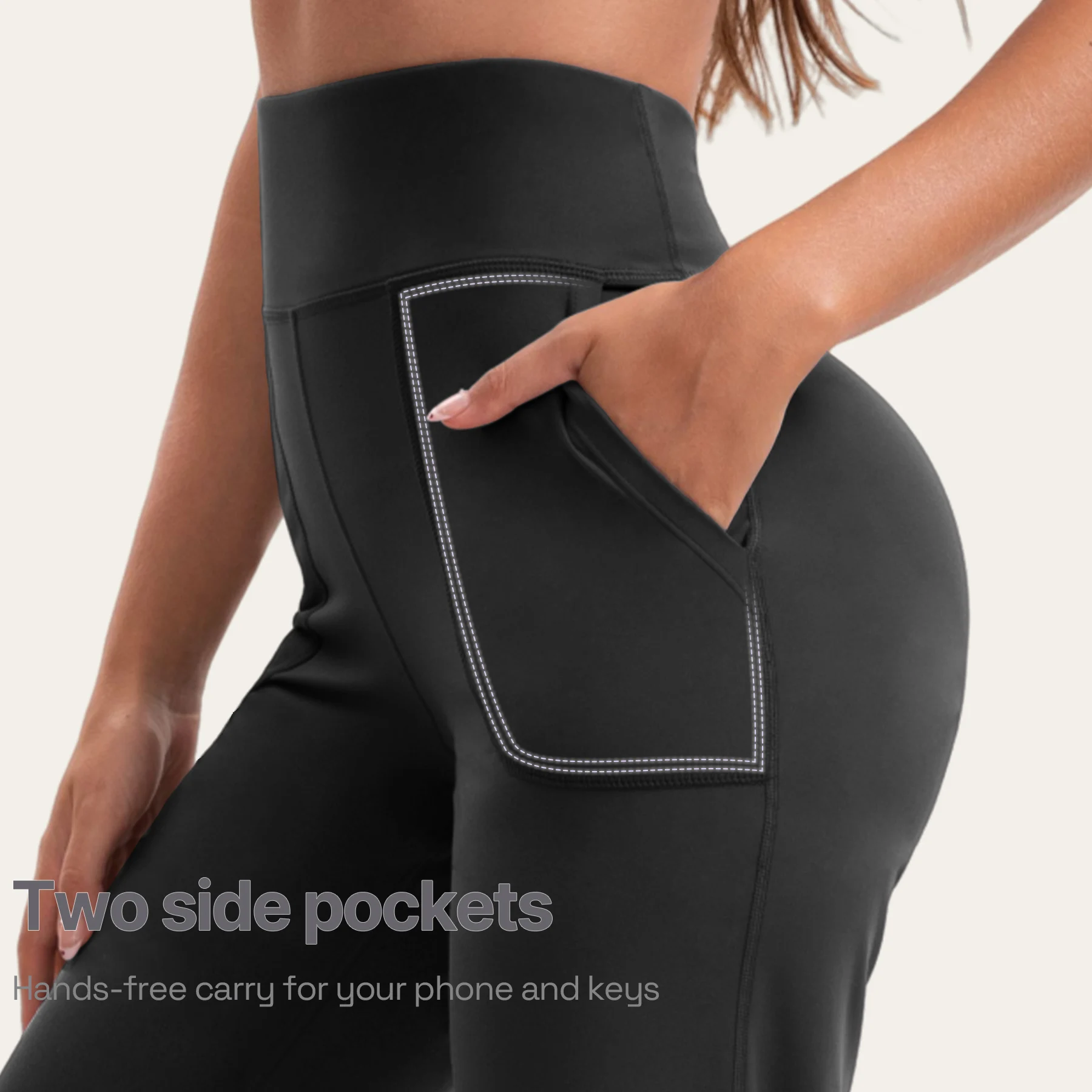 Damen High-Waist Flared Yoga-Hose mit Bauchkontrolle, M-Linie, Po-Lifting, zwei Taschen, dehnbar, weich, fließend, für Workout & Büro – Detail 7