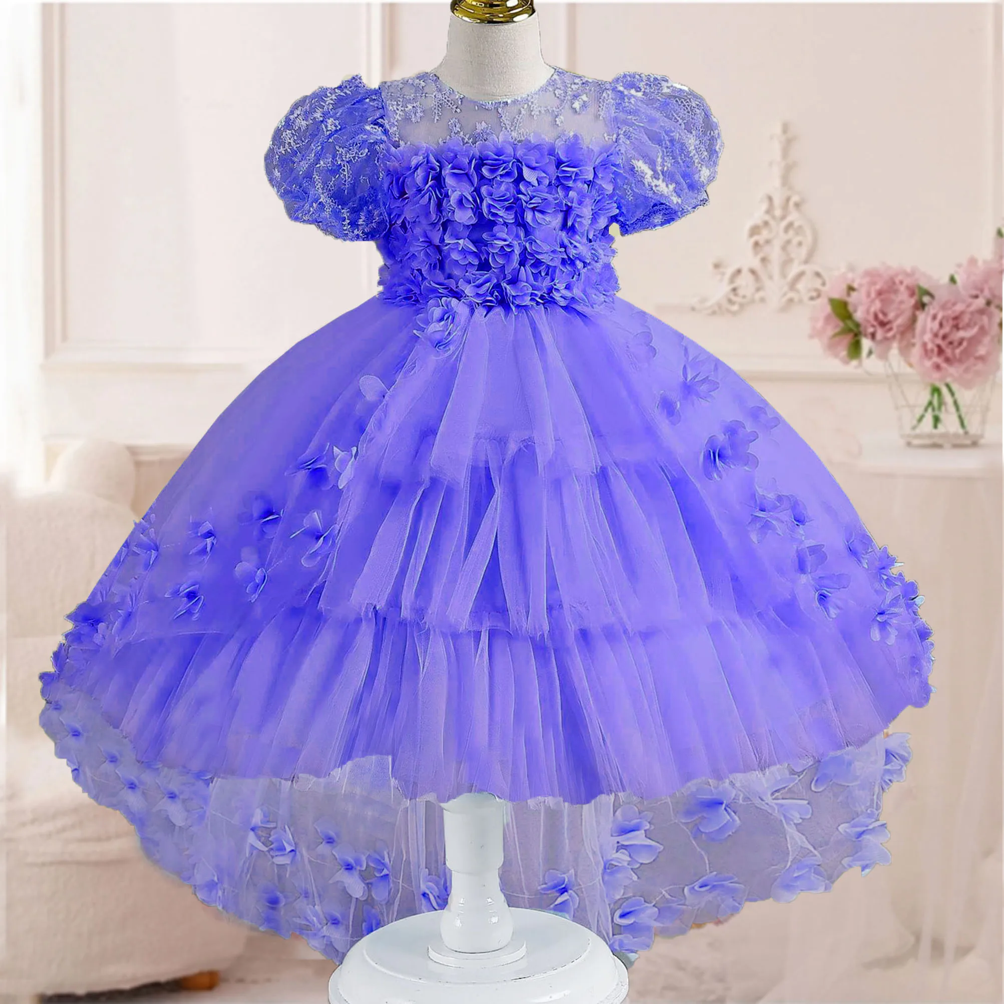 XMLSY Little Girls 3D Flower Girl Wedding Bridesmaid Dress Birthday Party Pageant Hi-Lo Gown AT122