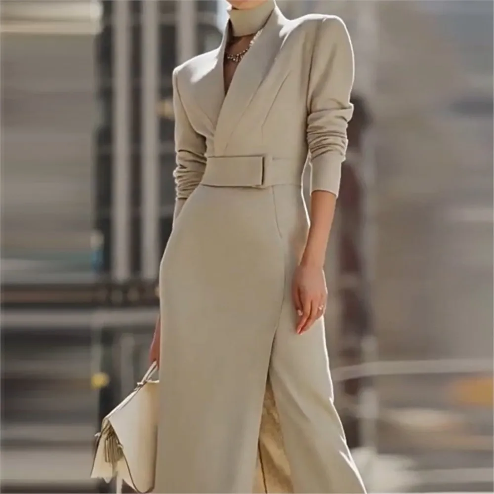 Herbst Temperament V-ausschnitt Schlank anliegende Mid-länge Hüfte-umarmt Schlitz frauen Kleider Mode High-neck Elegante weibliche Büro Kleid