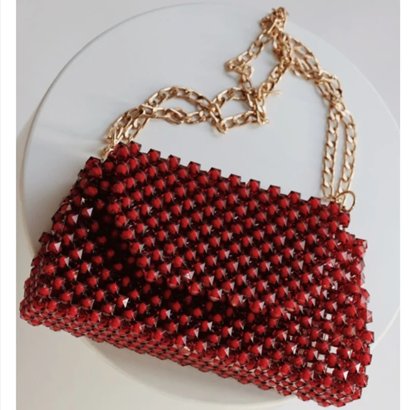 

New Handwoven Acrylic Dinner Party Women's Bag New Ins High Quality Red Acrylic Beaded Chain Single Shoulder Bags Customization