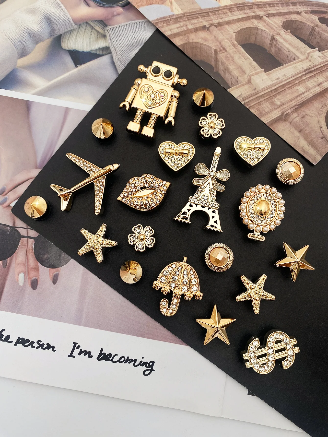 21 قطعة من الروبوت الذهبي، طائرة ماسية نقطية، شفاه، مظلة، قلب، مرآة لؤلؤ ABS، برج فلاش ناعم، نجم البحر، زهرة، فاي #5