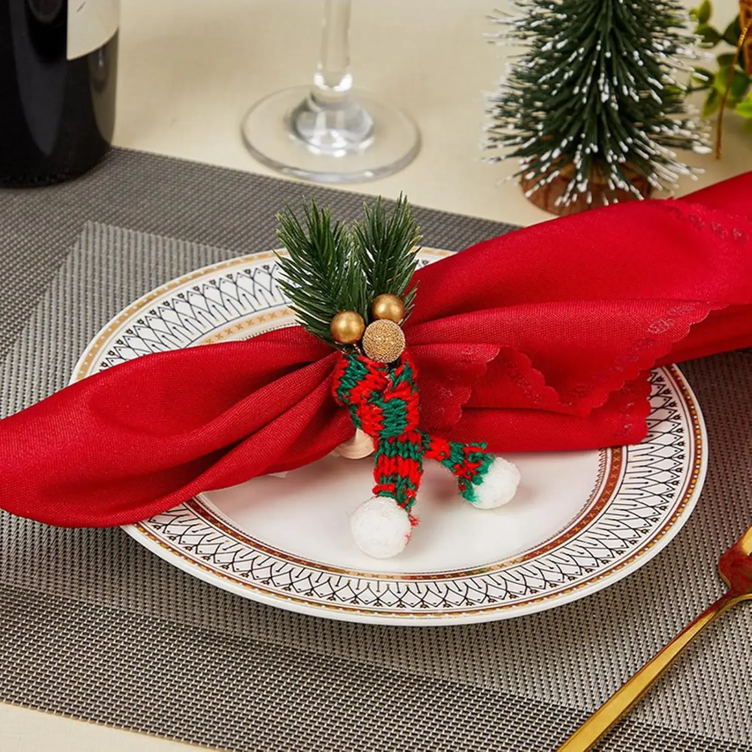 Tempat Serbet Natal dari Kayu, Topi Rajut Natal, Tempat Serbet Syal, Tempat Serbet Rustic Lucu untuk Makan Malam Natal dan Ulang Tahun