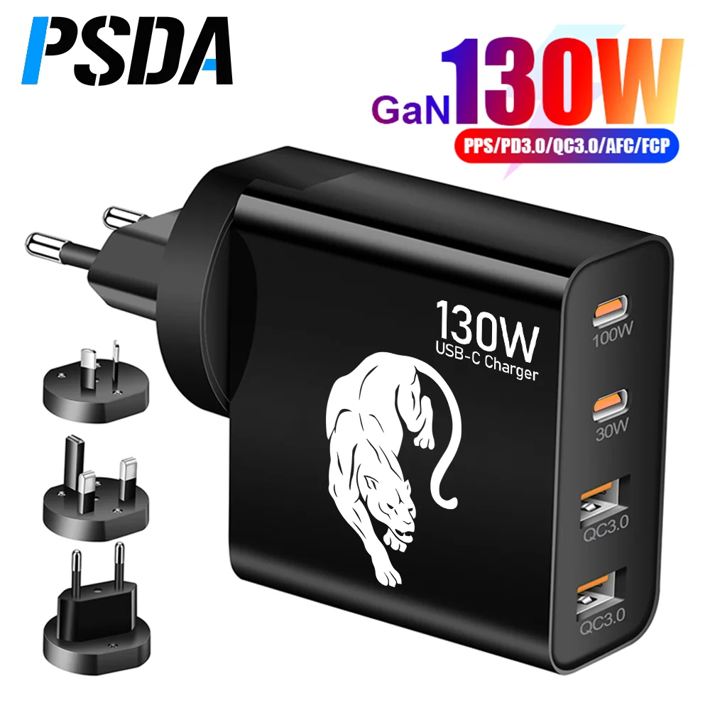 

PSDA 3D 130W GaN Wall Charger 4-Port USB C PD 100W PPS 30W QC3.0 Fast Charging for MacBook Pro/Air iPad iPhone 14/13/12 Galaxy