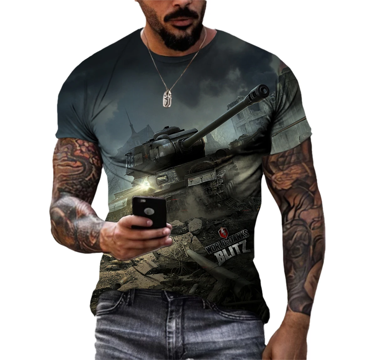 Tank War Print Pattern Summer Men's 3D Creative Fashion T-shirt Tough Guy Street Army Fans Sports Quick-drying Short-sleeved 6XL