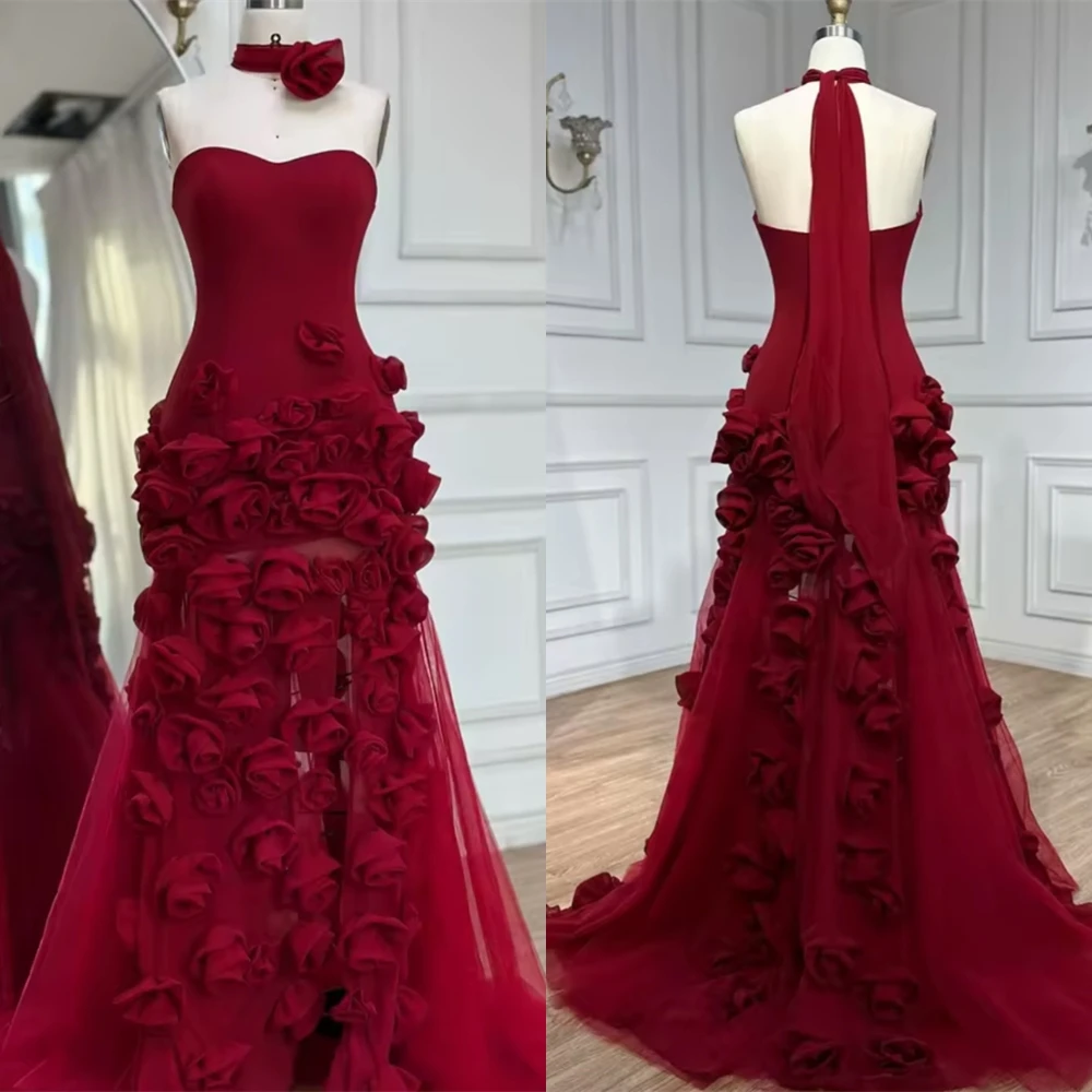 

Customized Elegant Red Organza Evening Dress Classic Sweetheart Sleeveless Celebrity Gowns Delicate Mermaid Flowers Prom Dresses