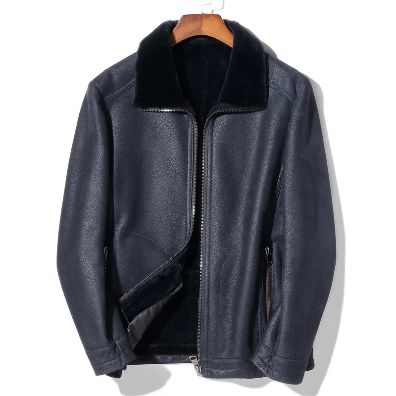 

High Quality Shearling Mens Leather and Fur In One Coat Navy Blue Men Genuine Leather Jacket Winter Sheepskin Outwear