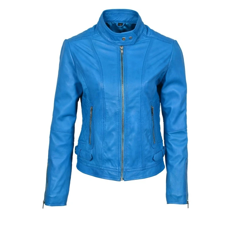 

Women Lambskin High Quality Leather Jacket Biker Designer Quilted Blue Coat