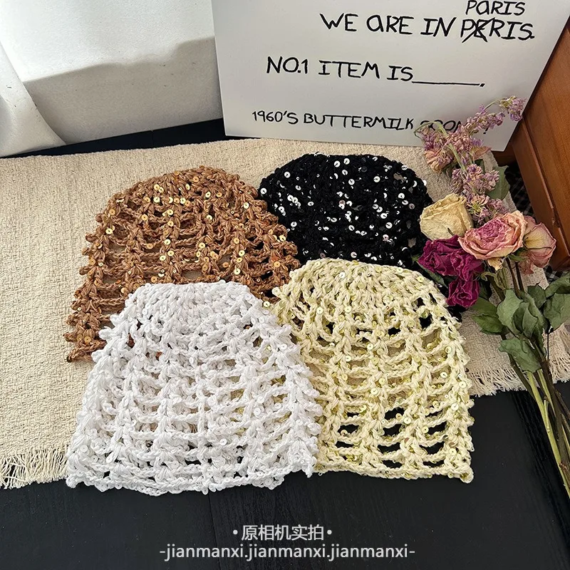 

Niche Fashion Cut-out Handmade Sequin Crochet Pullover Hat Spring and Summer Street Breathable Simple Versatile Beanie Caps