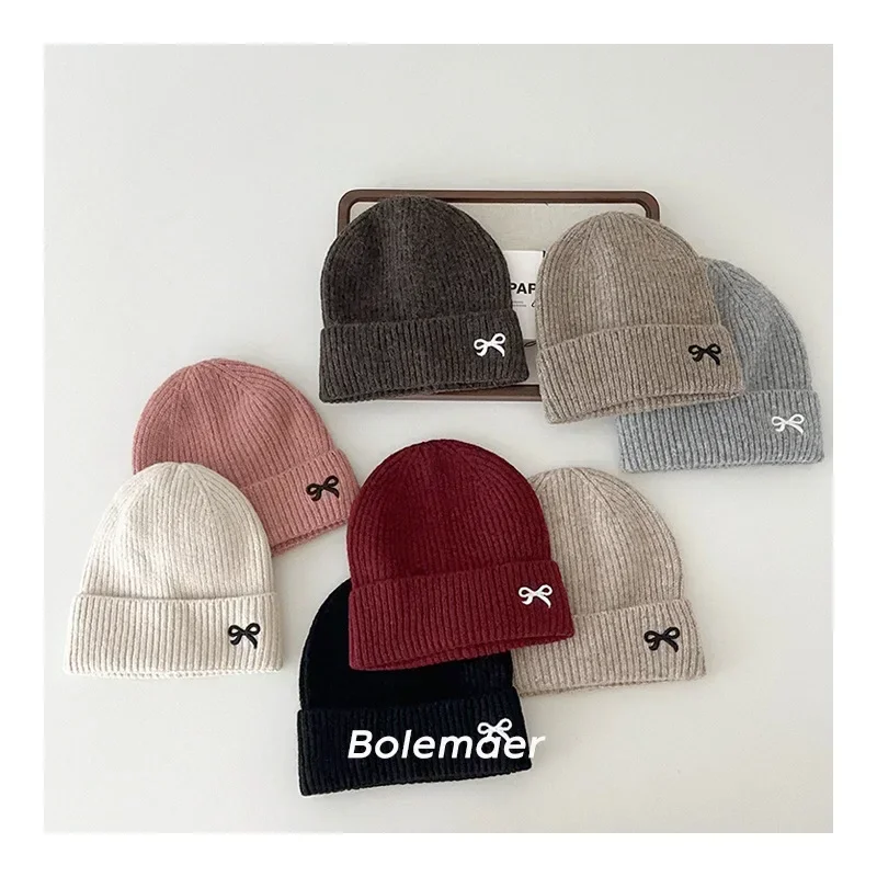 1 Piece 2024 New Fashion Knitted Hat for Kids Girl Sweet Embroidery Bow Kids Girl Beanie Cute Autumn Winter Warm Elastic Hat