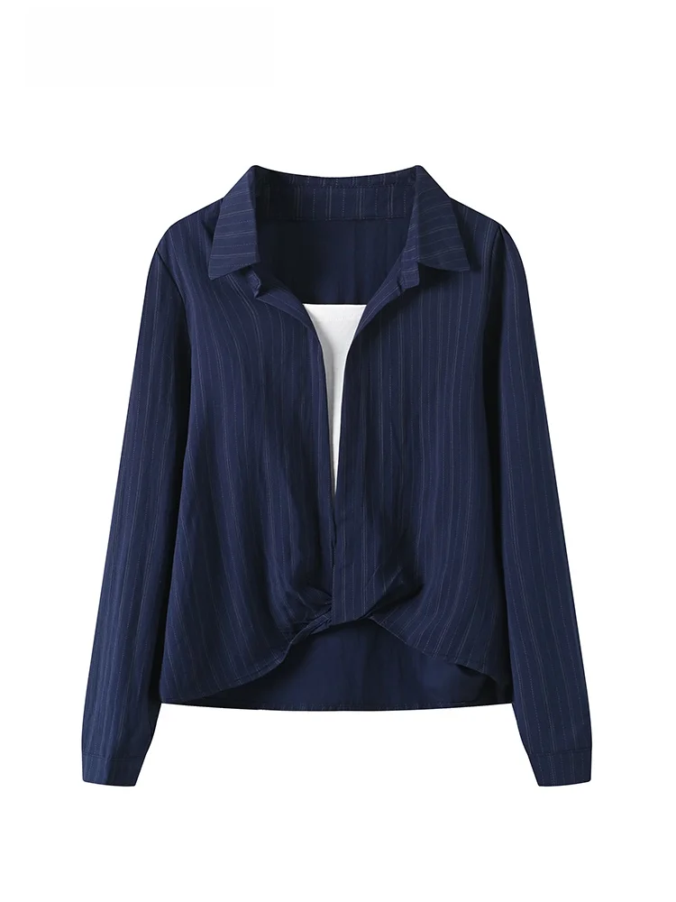 

plus Size Women's Striped Long Sve irt Conced Slimming Meat Covering Early Spring New Sle Cara CLUB Faux Two-Piece Top
