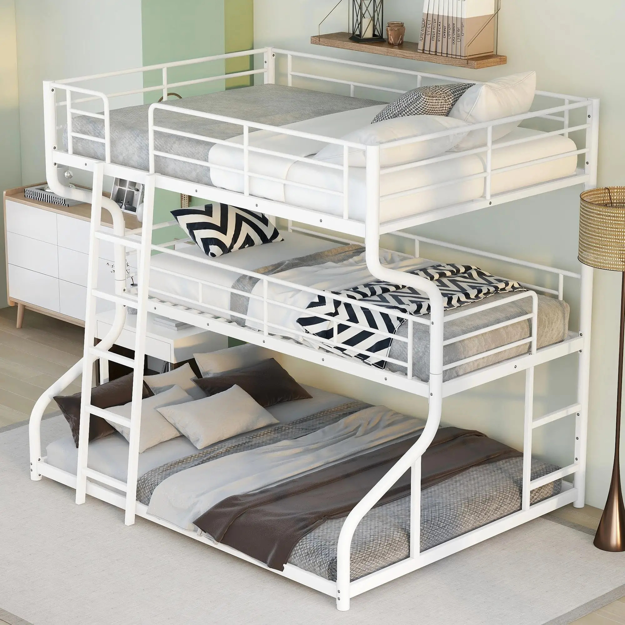 Full XL Over Twin XL Over Queen Triple Bunk Bed with Short & Ladder - White Finish