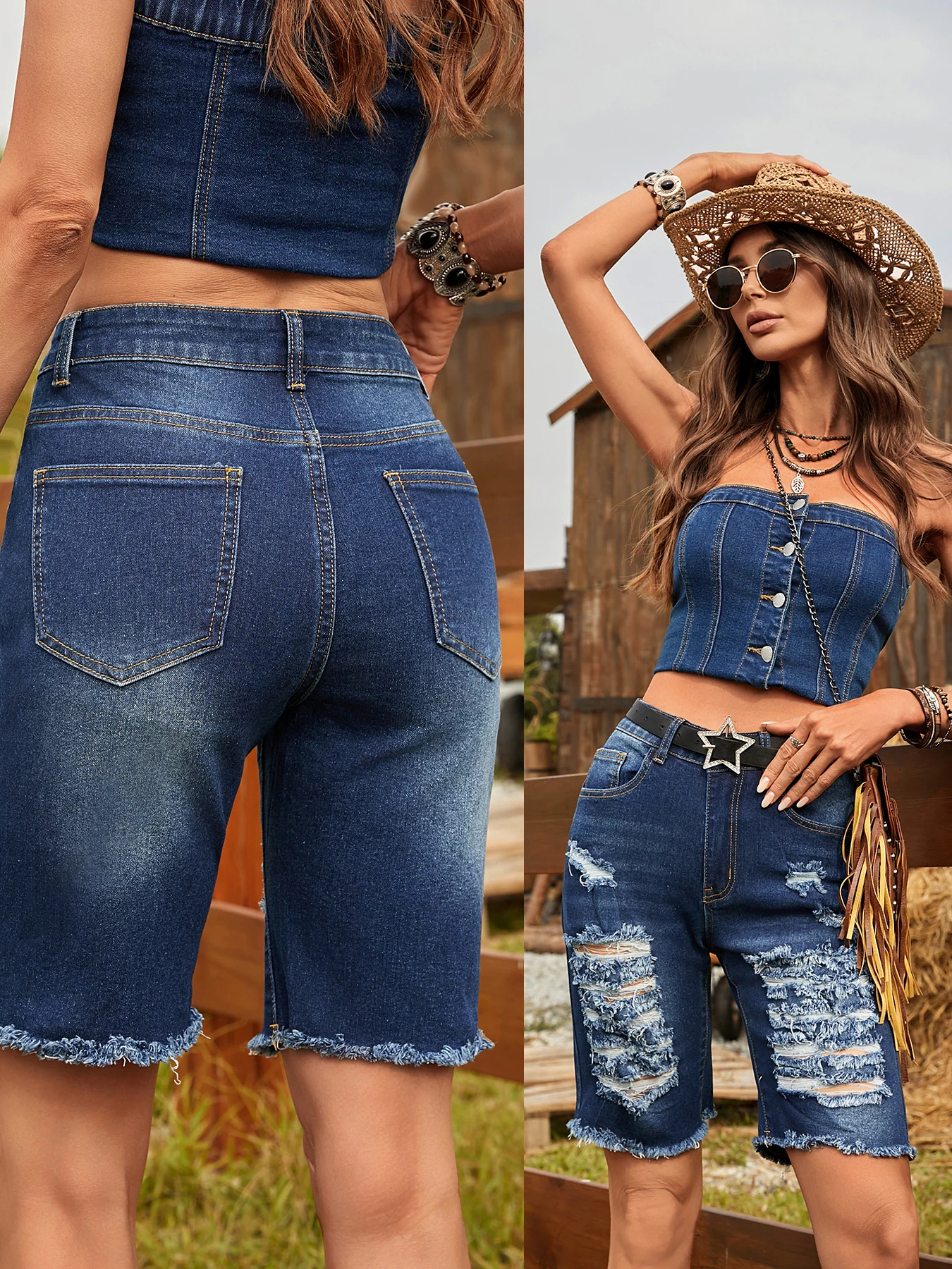 

Casual women's high waisted elastic ripped denim shorts, comfortable and breathable for spring and summer