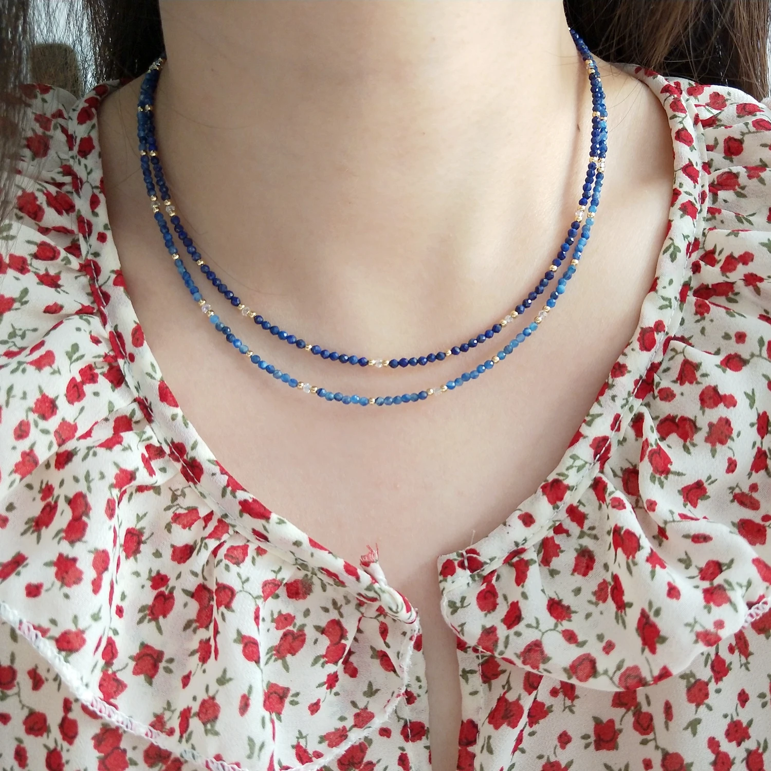 Lii Ji Lapis Lazuli /Kyanite Austrian Crystal 14K Gold Filled Necklace Natural Stone  Sparkling Choker 38+3cm Fashion Jewelry