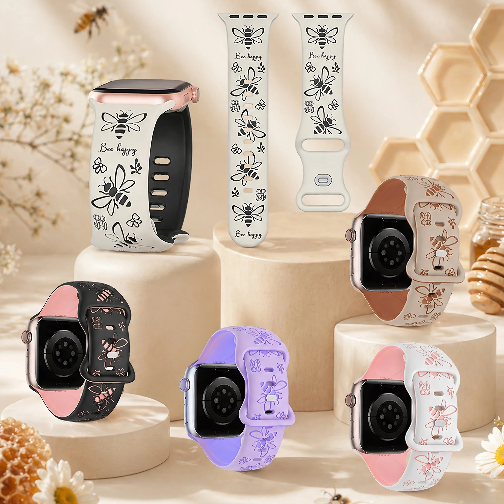 Watch Band for Apple Watch 38/40/41/42/44/45/46/49mm, Decorated with Bee and Flower Patterns Silicone Strap. Series 11 10 987 65