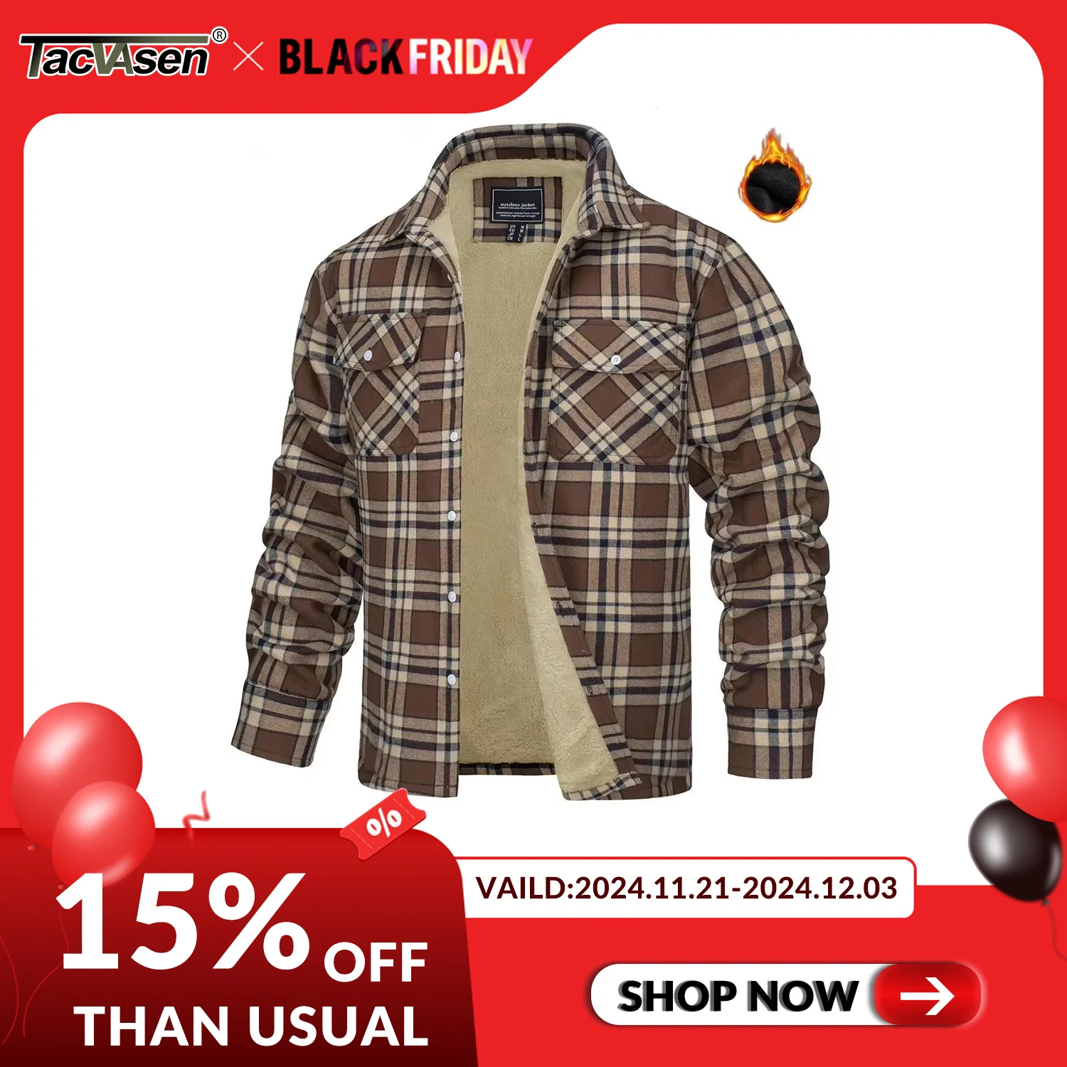 TACVASEN Fleece Lining Jackets Mens Flannel Cotton Jackets Plaid Casual Button Down Cargo Work Coats Thicken Outwear Man Tops