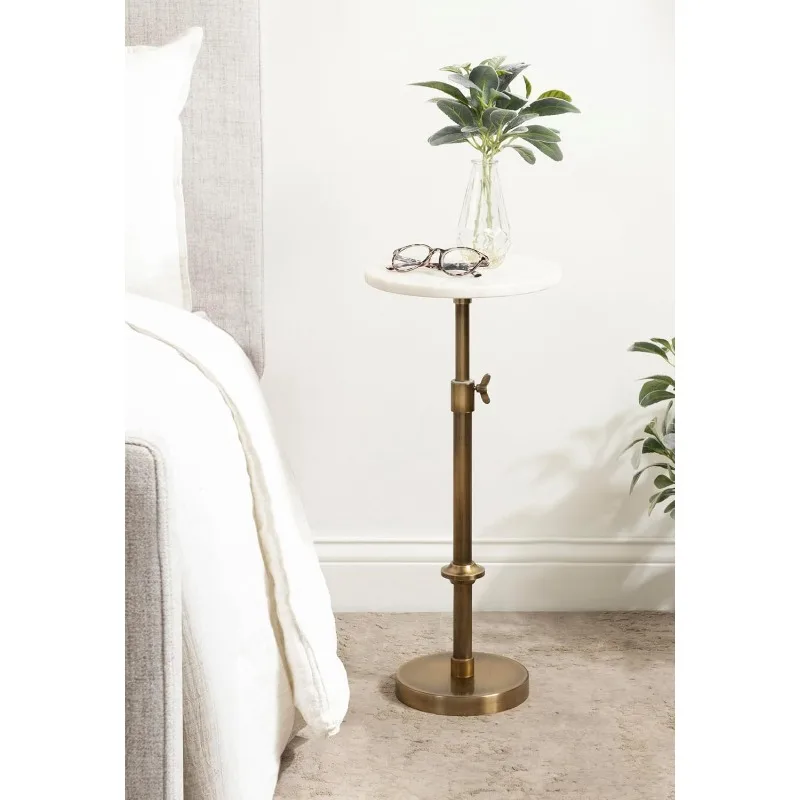 Adjustable Height Pedestal Beverage Table, 10 x 10 x 30, White Marble and Antique Brass