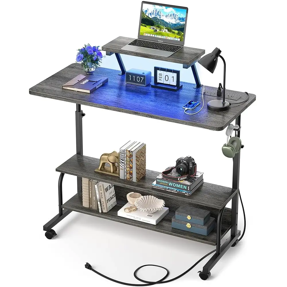 

Height Adjustable Standing Desk With Power Outlets And Led Lights - 39"" Manual Stand Up Desk With Monitor Stand And Storage