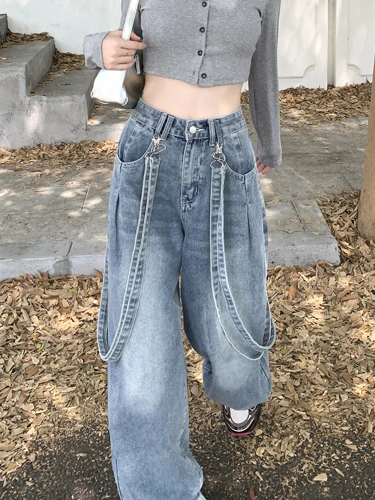 Y2K Baggy Jeans Detachable Strap High Waist Loose Casual Straight Wide Leg Trousers Pocket Boyfriend Harajuku Jeans Light Blue