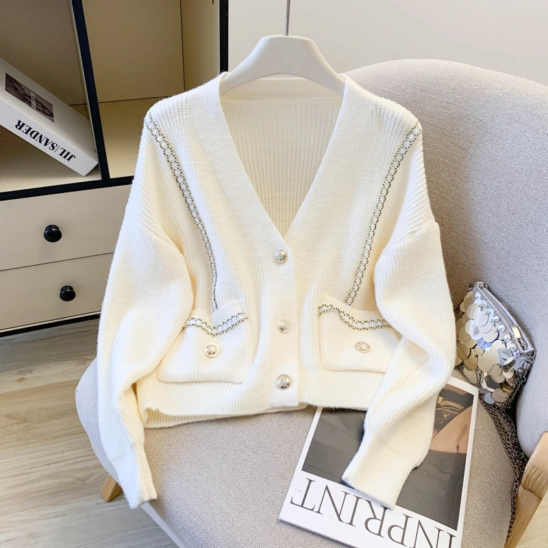 

Autumn Winter ort V-Ne Long Sve Knitted Cardigan Loose Women's Top Retro Sle Casual Faion Basic Color