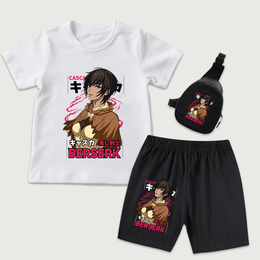 Berserk Casca Anime Print Kids Cotton T Shirt Shorts Mini Chest Bag 3pcs Set Summer Casual Boys Girls Outfits