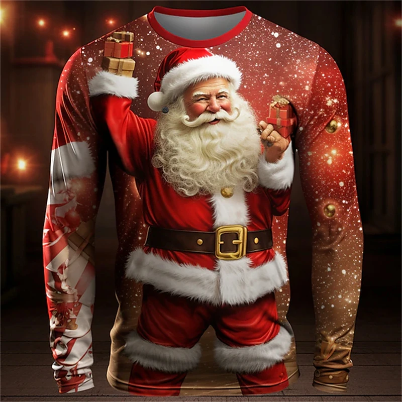 Camiseta de Navidad de manga larga para hombres y mujeres Tops casuales rojo deslumbrante patrón de Santa Claus para hombres otoño camiseta de Navidad