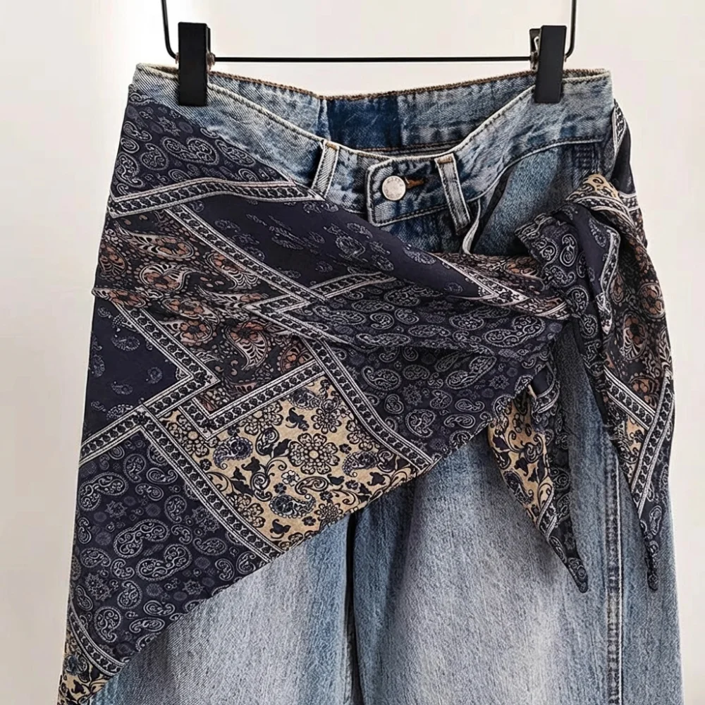 

Imitation Silk Women's Silk Scarf Cashew Floral Y2K Streetwear Triangle Scarf Belt Ethnic Print Apron Wrap Skirt