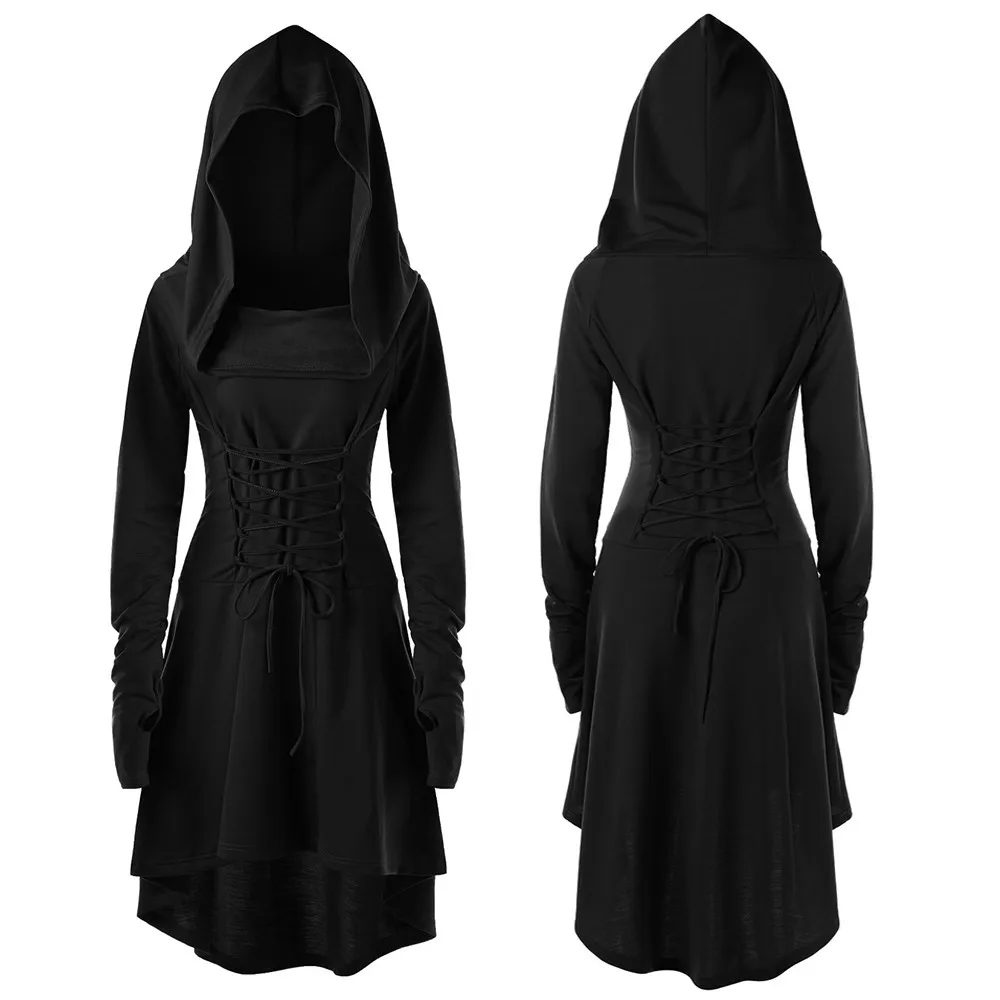 Hooded Winter Dresses Gothic Lace Up Slim Waist Belted Bandage Long Sleeve Hooded Vintage Slinky Bodycon Dress Cosplay Costumes