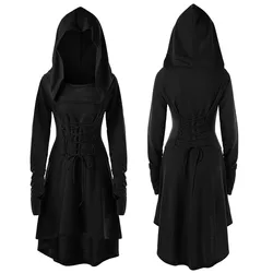 Hooded Winter Dresses Gothic Lace Up Slim Waist Belted Bandage Long Sleeve Hooded Vintage Slinky Bodycon Dress Cosplay Costumes