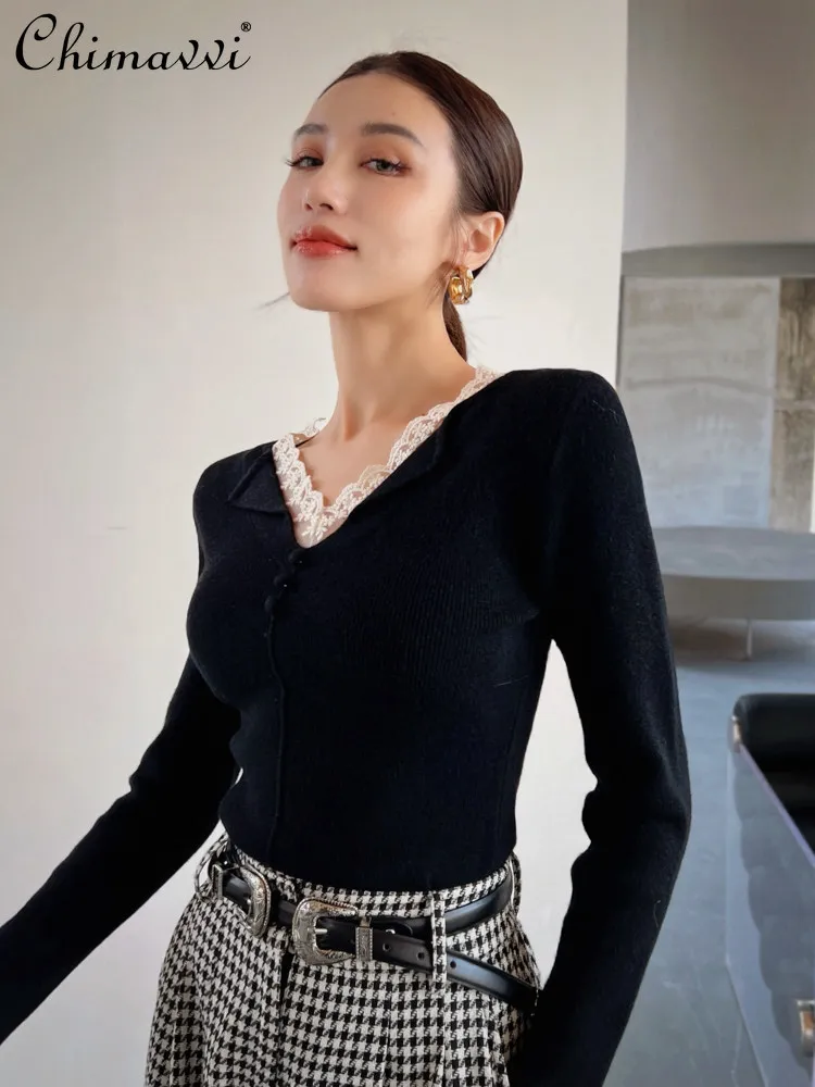 

French Elegant Fashion Lace Patchwork V-Neck Long Sleeve Versatile Slim Black Knitted Pullover Women's Sweaters Tops Spring 2026