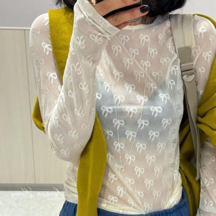 Vintage See Through T Shirt Women White Y2k Fairycore Mesh Tops Streetwear Bow Korean Style Crop Summer Spring