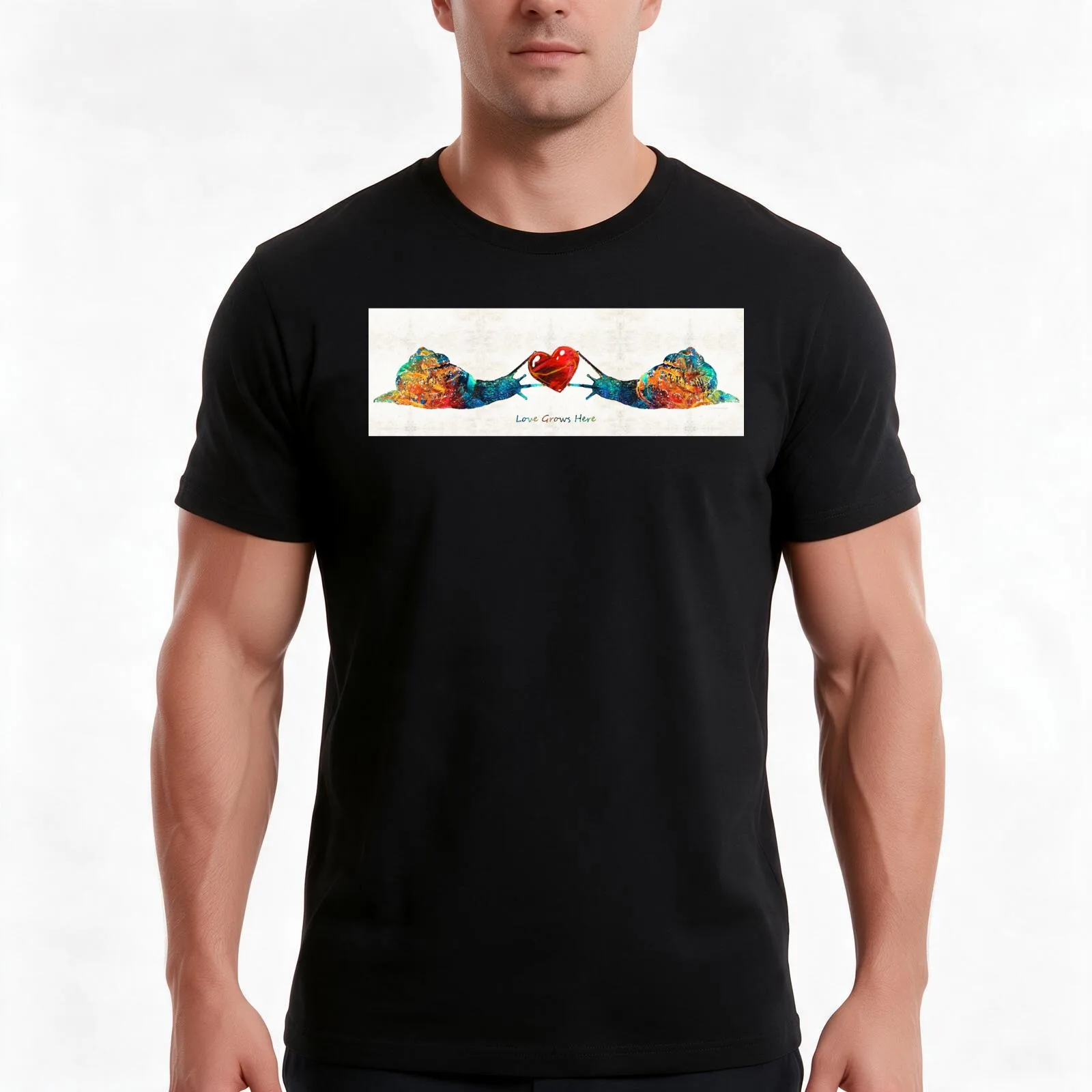 Snail Art - Love Grows Here - By Sharon Cummings T-Shirt, Summer Casual Cotton Tee, Oversized Streetwear Tops, Unisex Men Women