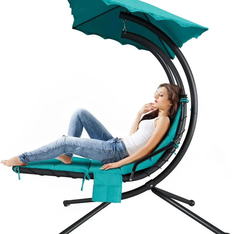 Chaise Lounger Swing Chair with Umbrella Canopy, Patio Hanging Chair with Stand, Steel Outdoor Lounge for Patio Pool Garden