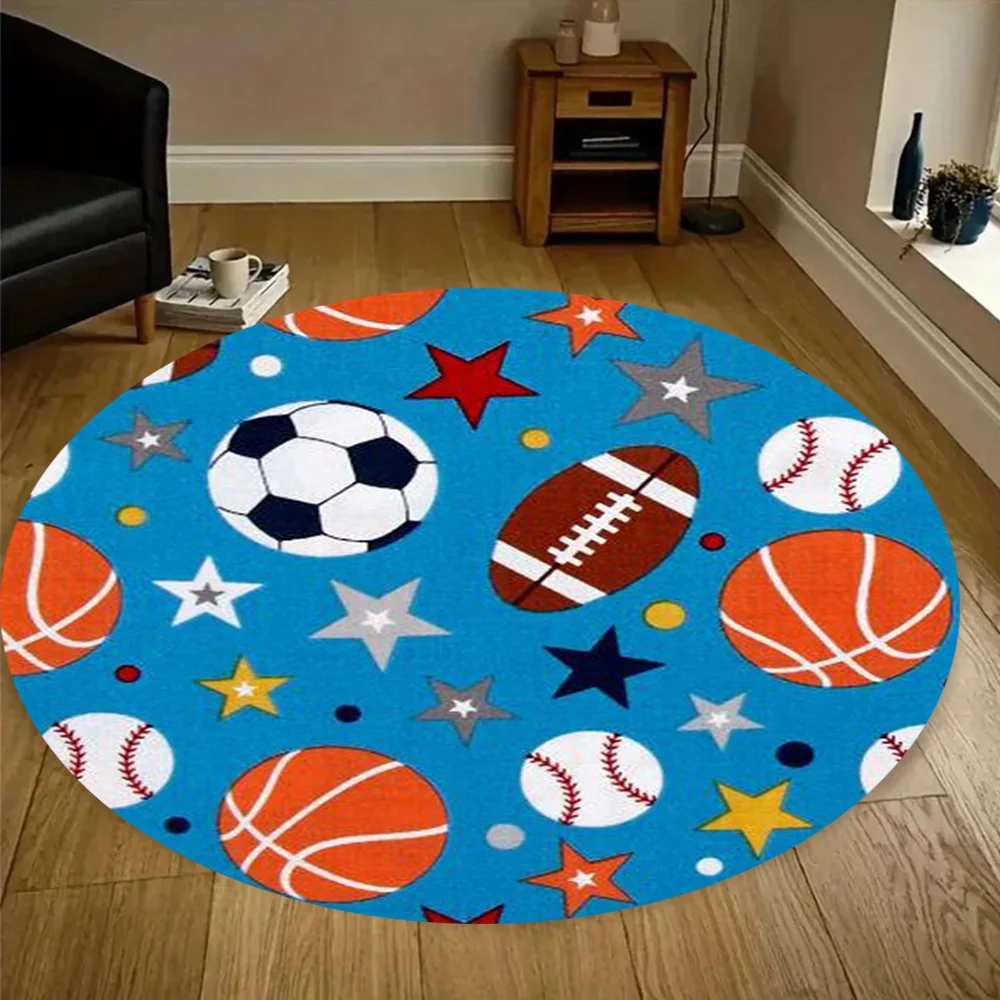 Flannel Printed Round Rug With Basketball Soccer Football And Baseball Pattern For Kids Room Or Play Area Soft Non Slip Floor