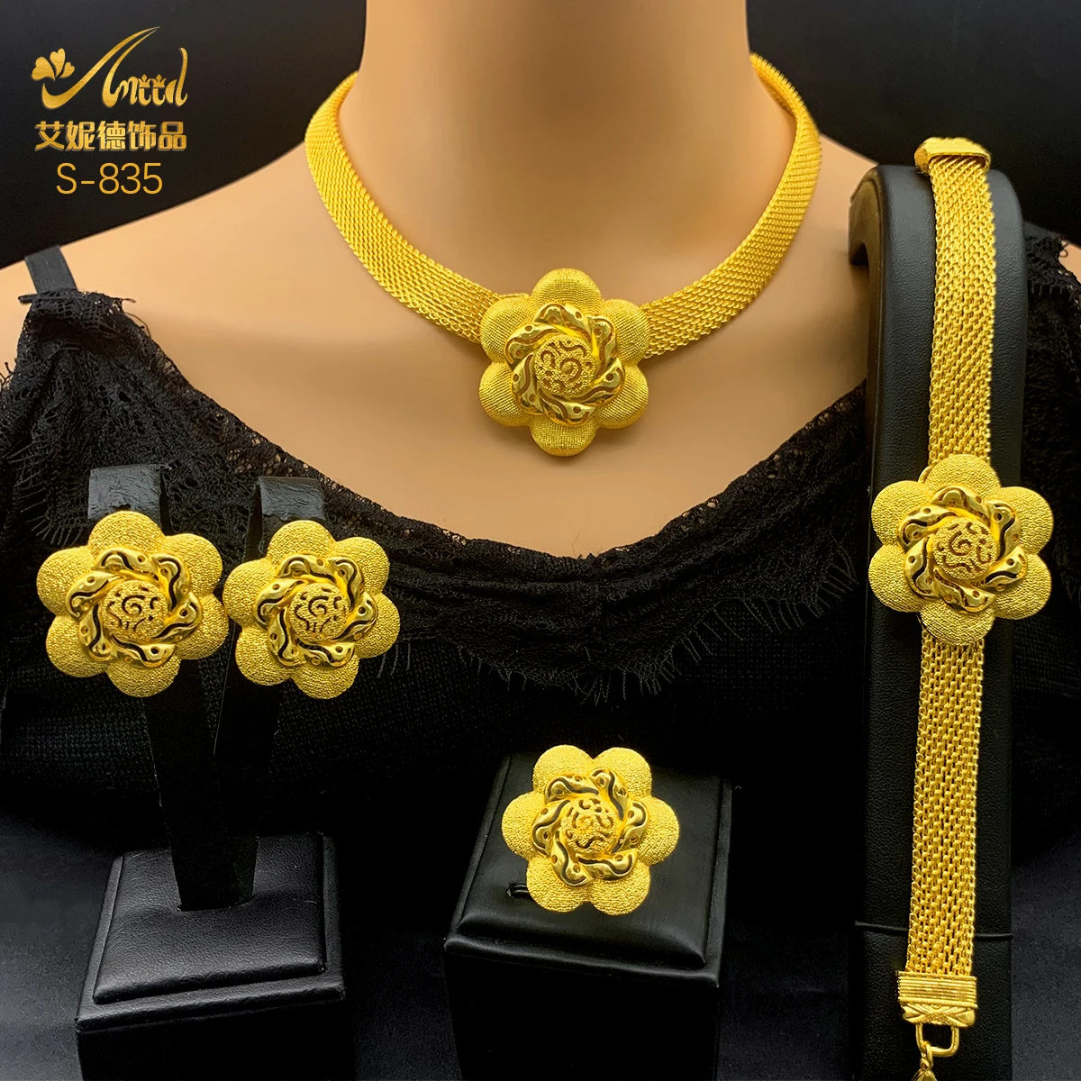 Dubai Indisch-Afrikanisches Netz-Chan-Halsketten-Ohrringe-Schmuckset für Damen, vergoldet, Nigeria, Braut, Hochzeit, Party, Geschenk, Schmuck – Detail 1