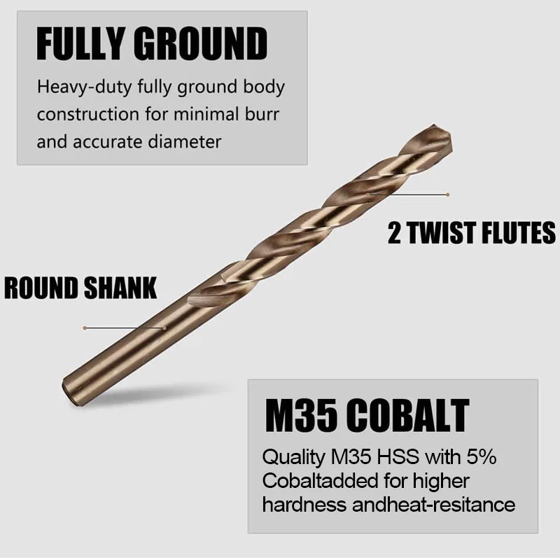 Conjunto de brocas cobalto, metal endurecido, aço inoxidável, ferro fundido e madeira plástica, alta velocidade, 1-10mm, M35, 19 peças