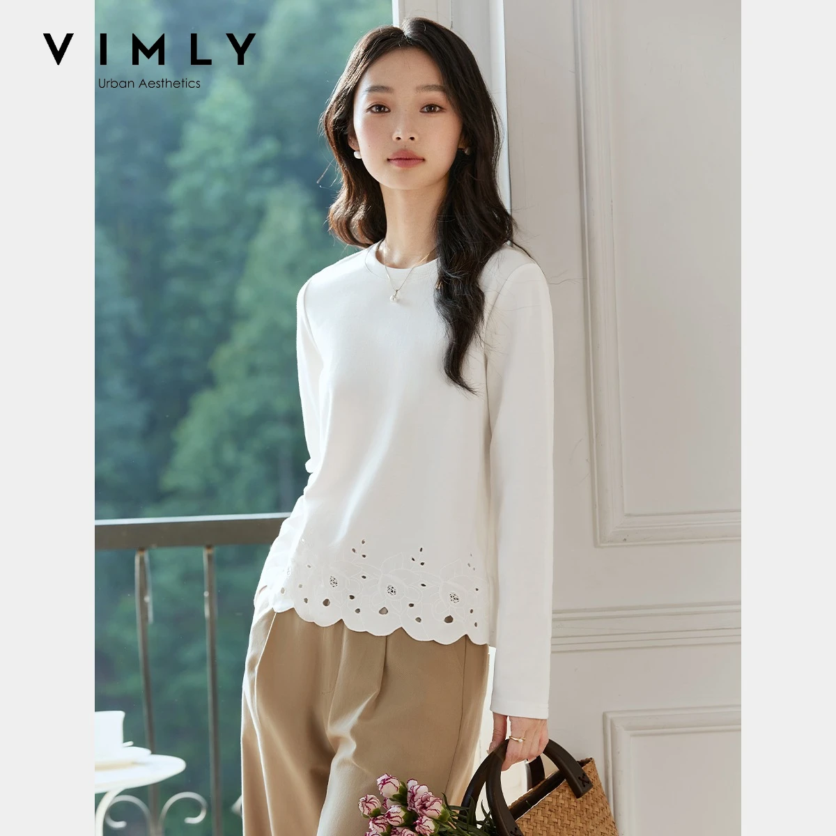 VIMLY White T-shirt Women 2026 Fall Cotton 100% Long Sleeve T-shirt with Hollow Embroidered Hem Basic Elegant Tops Female A0697