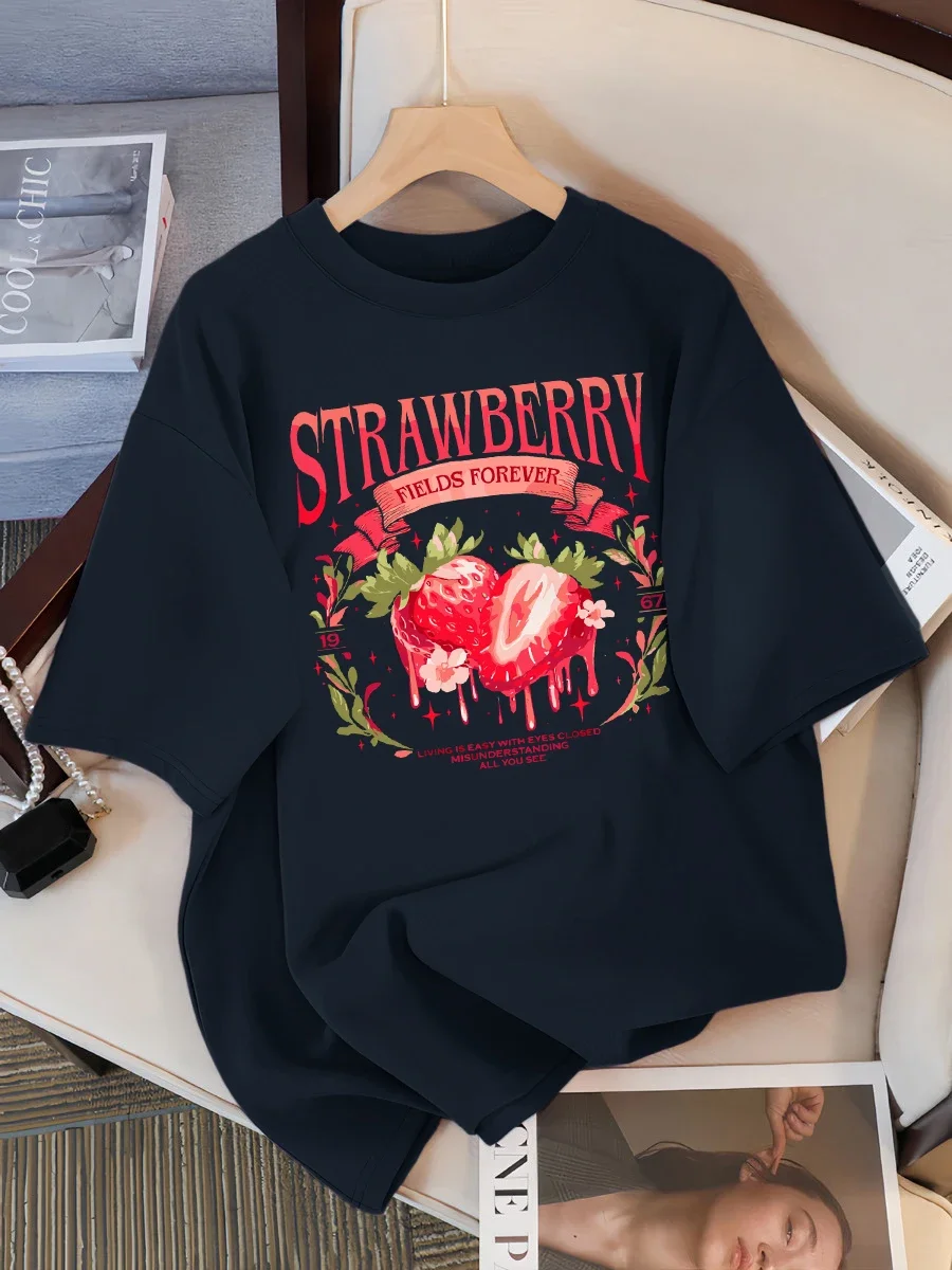 

Strawberry Fields Forever Print T Shirts Women Breathable T-Shirt Hip Hop Loose Streetwear All-Match Casual Clothing Personality