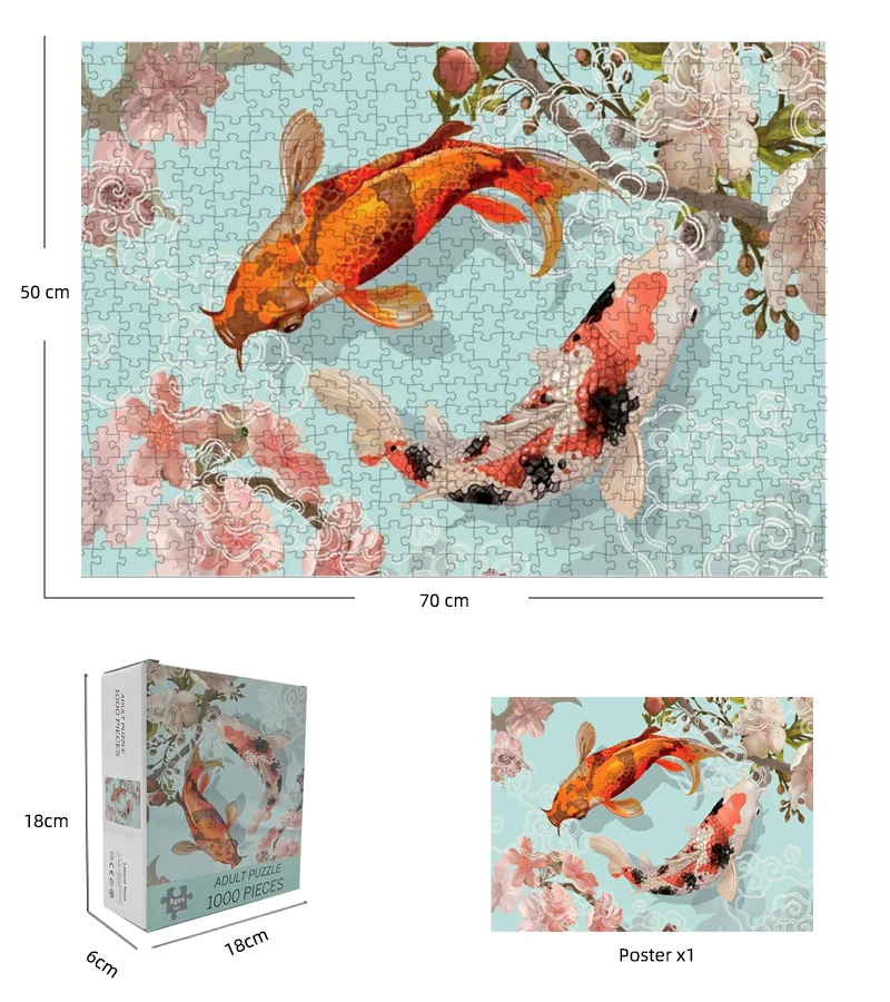 70*50cm 1000pieces Paper  Puzzle Adult Puzzle KOI pattern Perfectly bite Difficulty Jigsaw Puzzles Home Wall Decro
