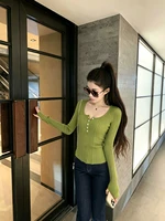 Women's Clothing Fashion All-match Solid Knit Pullovers Spring Summer Elegant Square Collar Chic Button Sweater Lady Vintage Top - Image 4
